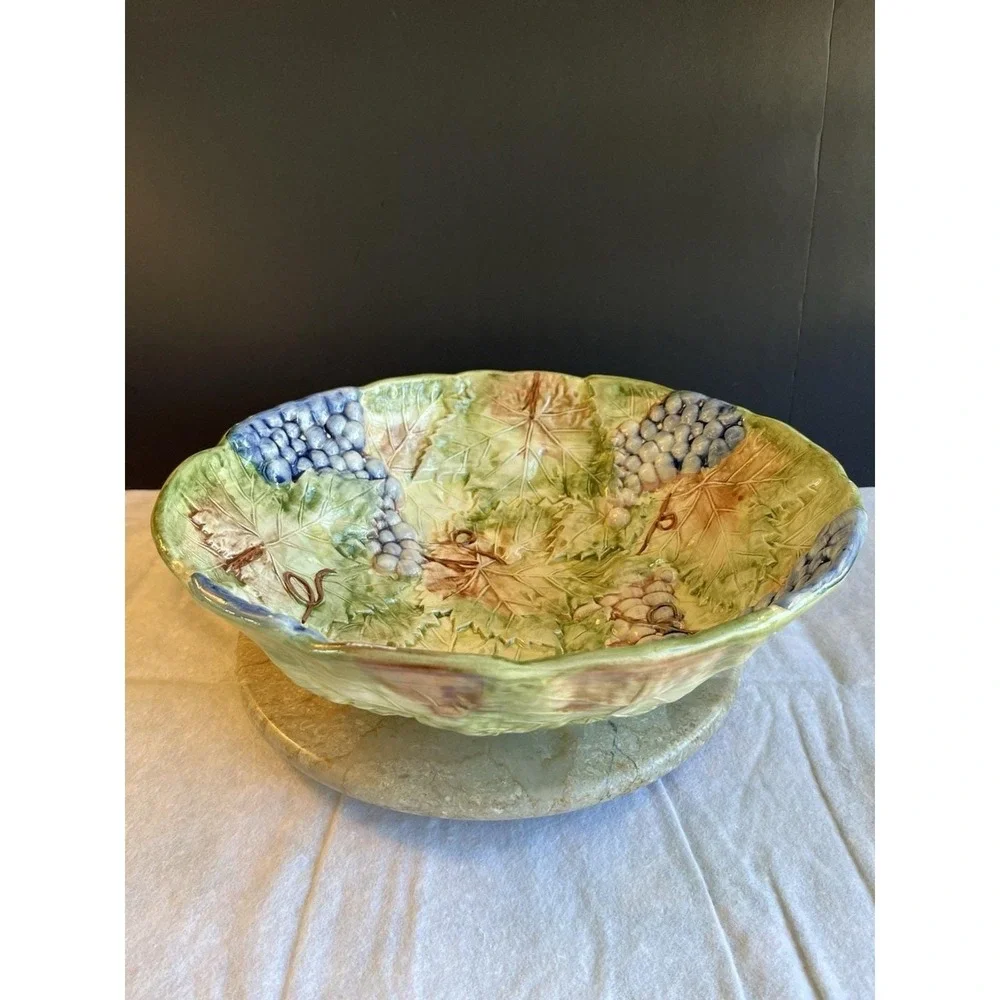 Large Vintage 13 X4 Portuguese Hand Painted Grape and Vine Pottery Bowl